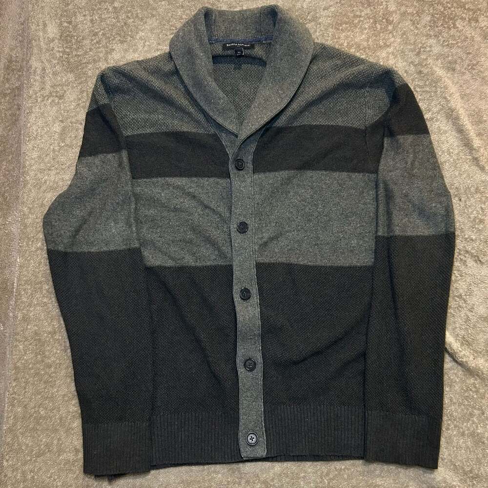 Banana Republic Gray Green Striped Shawl Collar Cardigan, Size XL
